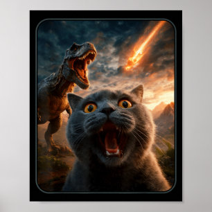Cat Selfie With T-rex Dinosaur Funny Cat T Rex Shi Poster