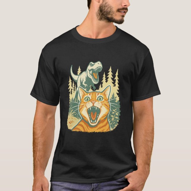 Cat Selfie with T Rex Dinosaur T-Shirt (Front)