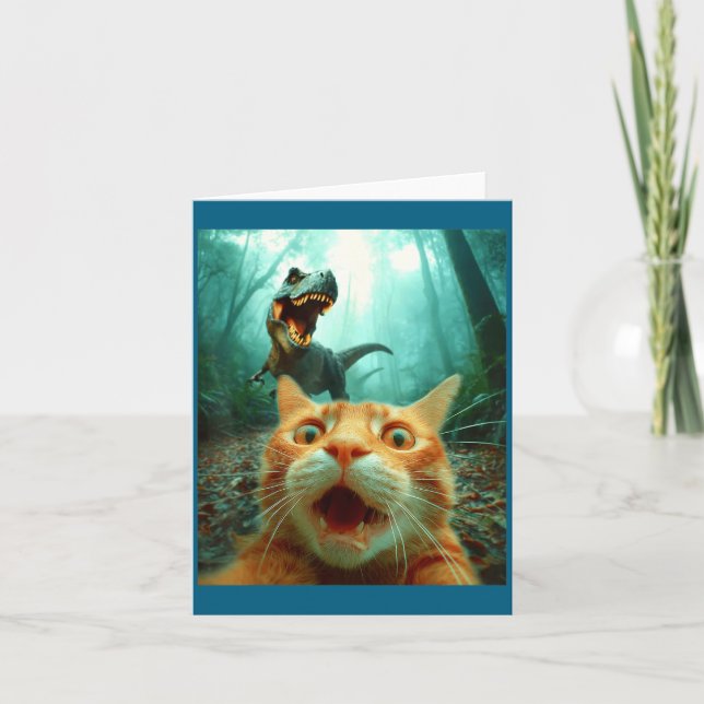 Cat Selfie With T-rex Dinosaur Trex Dino Men Women Card (Front)