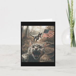 Cat Selfie With Trex Dinosaur Usa Flag Patriotic 4 Card