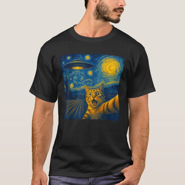 Cat Selfie with UFO Cats Starry Night Van Gogh Men T-Shirt (Front)
