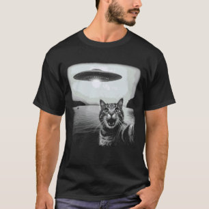 Cat Selfie with UFO Funny Black & White Graphic Vi T-Shirt
