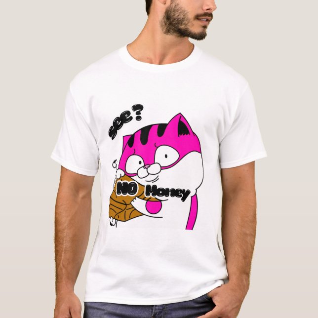 Cat Showing Purse Saying “See No Money” Funny Cute T-Shirt (Front)