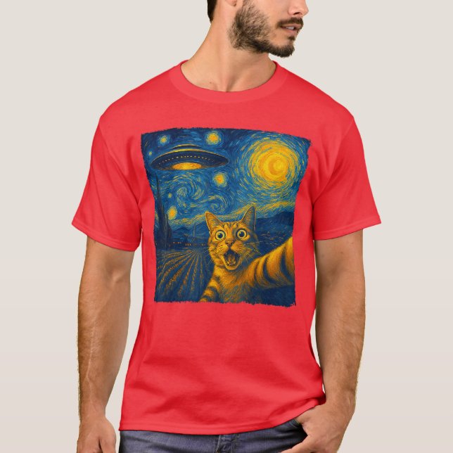 Cat Sie with UFO Cats Starry Night Van Gogh Men Wo T-Shirt (Front)