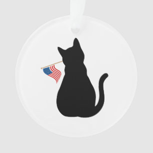 Cat Silhouette American Flag Patriotic Pet Name Ornament