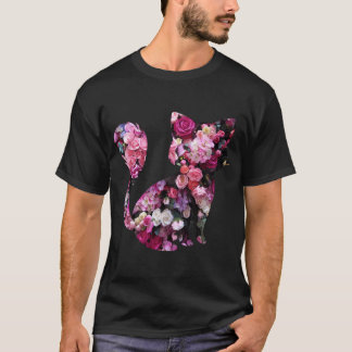 Cat Silhouette And Pink Roses  T-Shirt