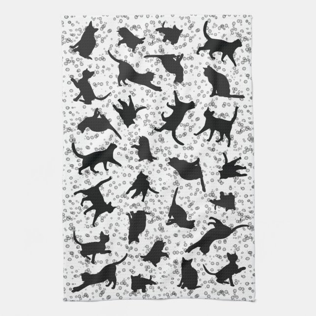 Cat Silhouette Black & White doodle bubble  Tea Towel (Vertical)