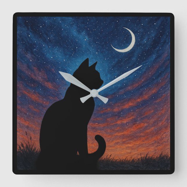 Cat Silhouette - Crescent Moon Night Sky Square Wall Clock (Front)