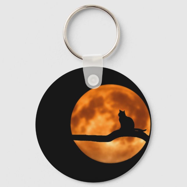 Cat Silhouette Moonlight Button Keychain (Front)