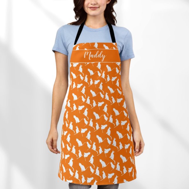 Cat Silhouette Orange White Add Name Monogram Apron (Creator Uploaded)