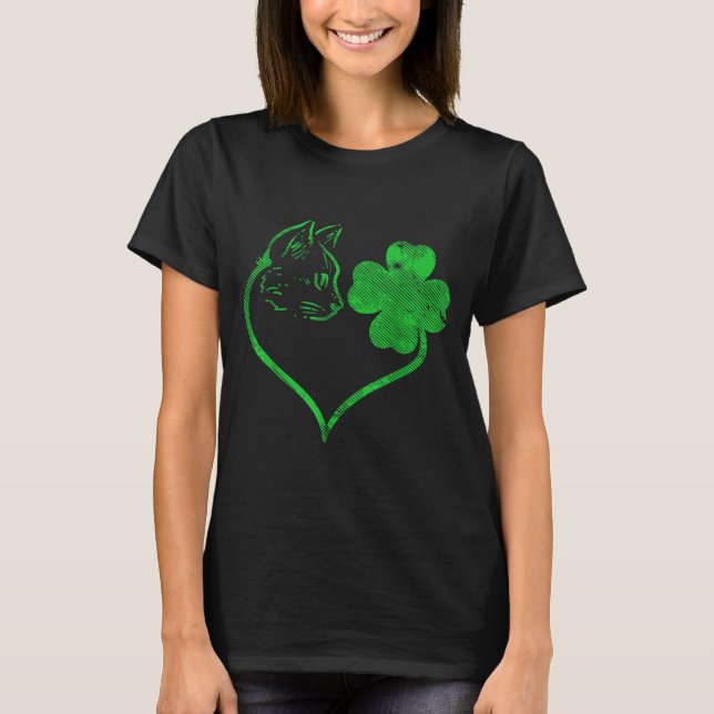 Cat Silhouette Shamrock St Patricks Day Kitten Lov T-Shirt (Front)