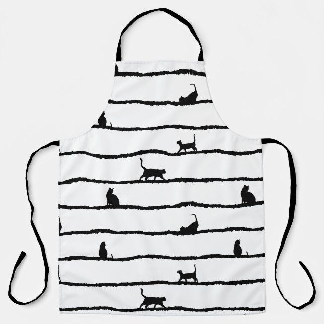 Cat Silhouette Stripes Abstract Hand Drawn Pattern Apron (Front)
