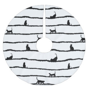 Cat Silhouette Stripes Abstract Hand Drawn Pattern Brushed Polyester Tree Skirt