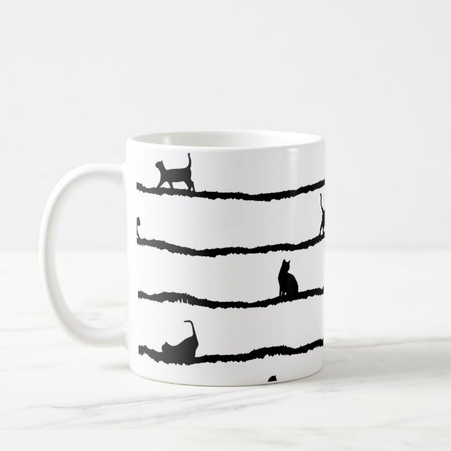 Cat Silhouette Stripes Abstract Hand Drawn Pattern Coffee Mug (Left)