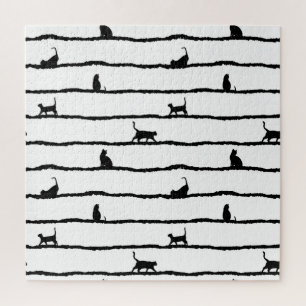 Cat Silhouette Stripes Abstract Hand Drawn Pattern Jigsaw Puzzle