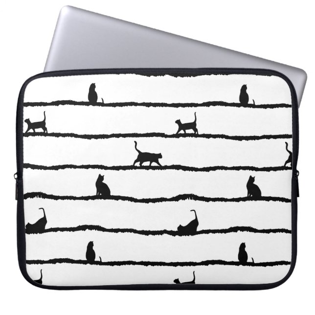 Cat Silhouette Stripes Abstract Hand Drawn Pattern Laptop Sleeve (Front)
