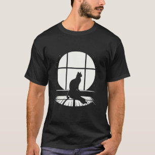 Cat Silhouette Window Night Stars Shadow T-Shirt