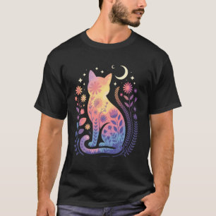 Cat Silhouette With Flowers Moon And Stars Mystica T-Shirt