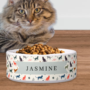 Cat Silhouettes Pattern Retro Custom Name Pet Bowl