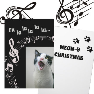 Cat Singing  Humour Christmas Card Black & White