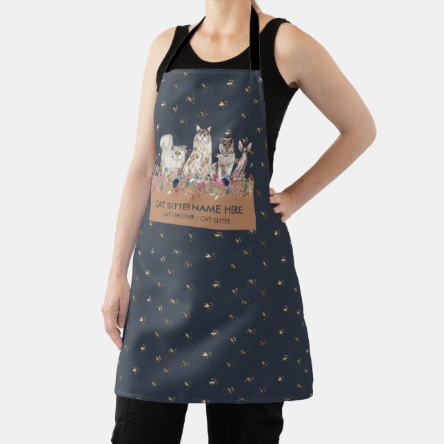 Cat Sitter Spa Salon Navy Gold Paws Apron (Insitu)