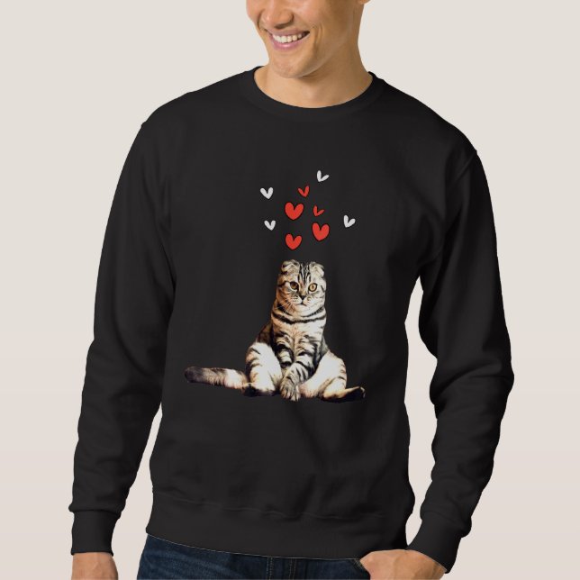 Cat Sitting Floor Hearts Black Background Cute Kit Sweatshirt (Front)