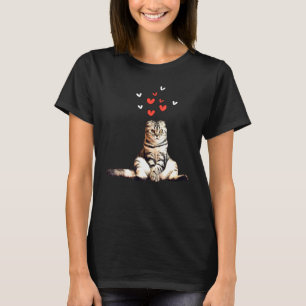 Cat Sitting Floor Hearts Black Background Cute Kit T-Shirt