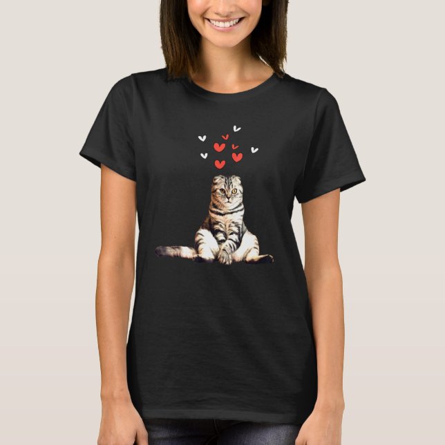 Cat Sitting Floor Hearts Black Background Cute Kit T-Shirt (Front)