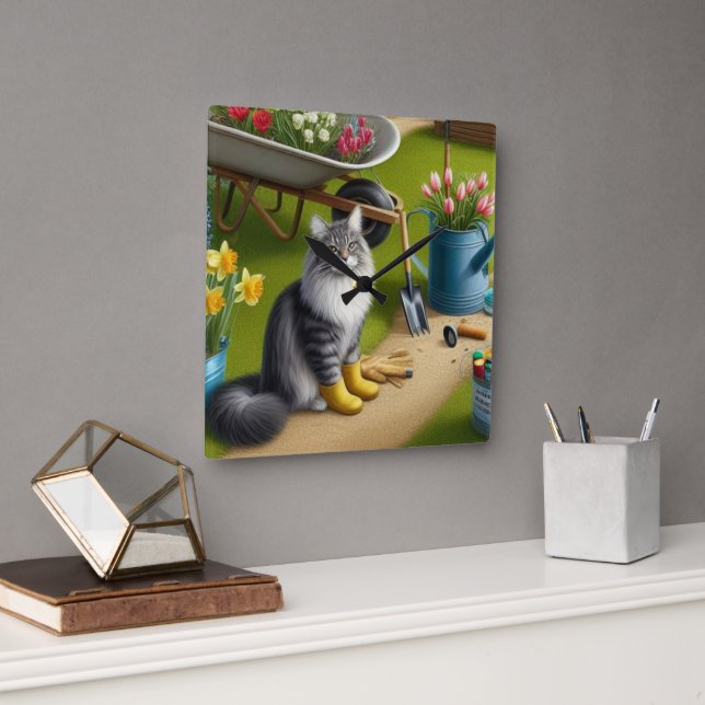 Cat Sitting in Garden / Garden Lover  Square Wall Clock (Office)