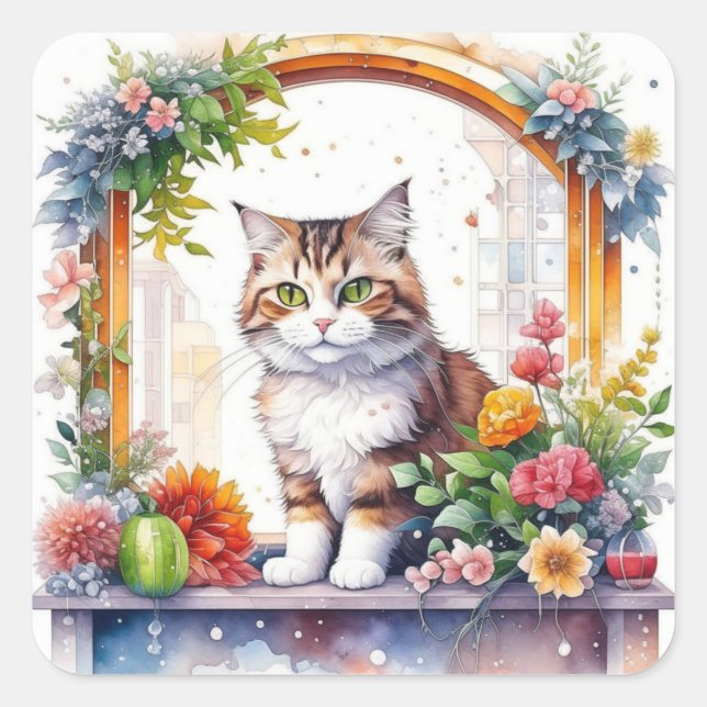 Cat Sitting in Window with Flowers Watercolor Square Sticker (Front)