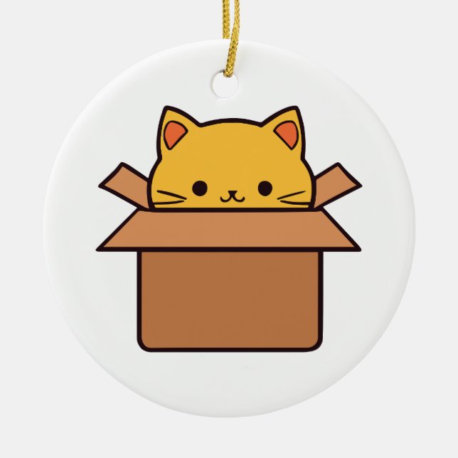 Cat sitting inside cardboard box ceramic ornament (Front)