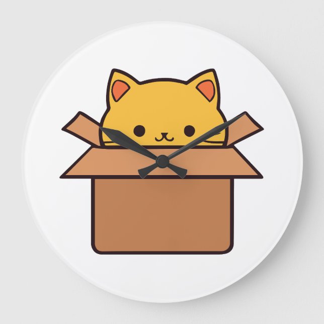 Cat sitting inside cardboard box large clock (Front)
