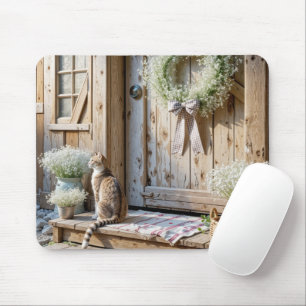Cat Sitting On a Farmhouse Porch Step Mouse Pad