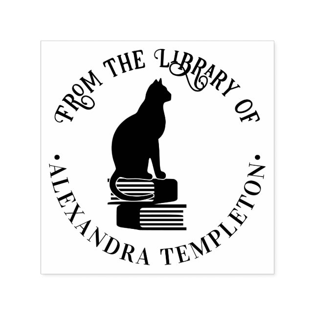 Cat Sitting on Books “From the Library of” Name Self-inking Stamp (Design)