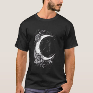 Cat Sitting On Crescent Moon Flowers Stars Drawing T-Shirt