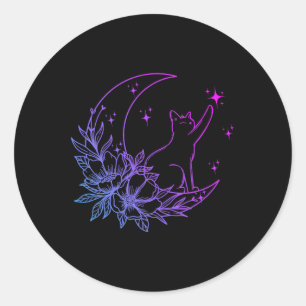 Cat Sitting On Crescent Moon Flowers Stars Women G Classic Round Sticker