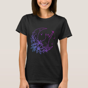 Cat Sitting On Crescent Moon Flowers Stars Women G T-Shirt