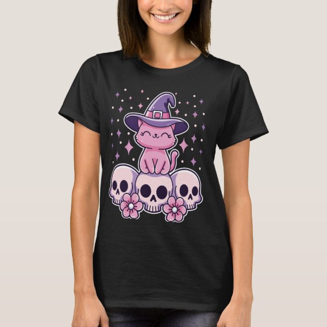 Cat Sitting on Skulls Cute Creepy Pastel Goth Witc T-Shirt (Front)