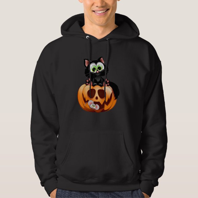 Cat sitting on the Halloween pumpkin for Kids Girl Hoodie (Front)