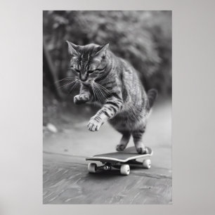 Cat Skateboarding Print Funny Black and White