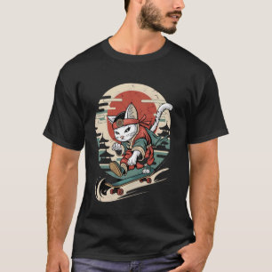 Cat Skateboarding Vintage Japanese Ukiyo e Art T-Shirt