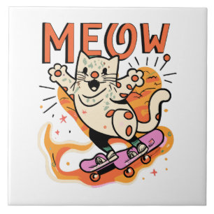 Cat Skating Meow Ceramic Tile