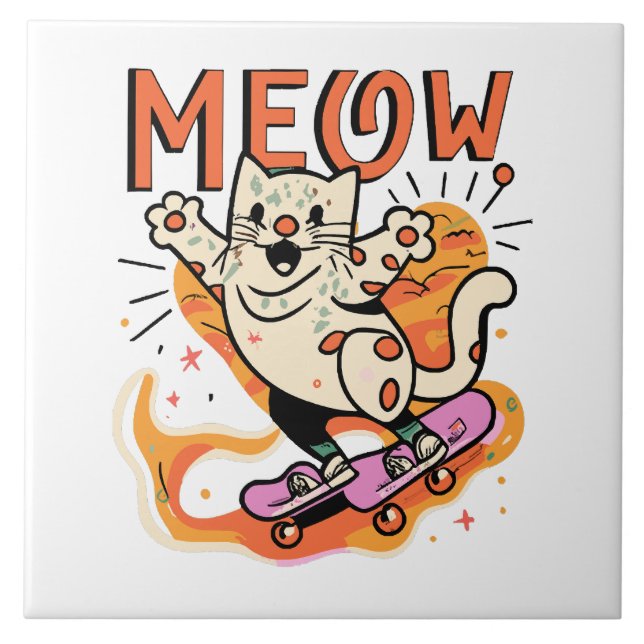 Cat Skating Meow Ceramic Tile (Front)