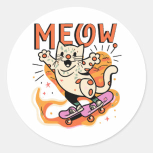 Cat Skating Meow Classic Round Sticker