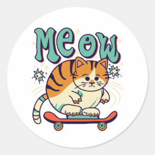 Cat Skating Meow Classic Round Sticker