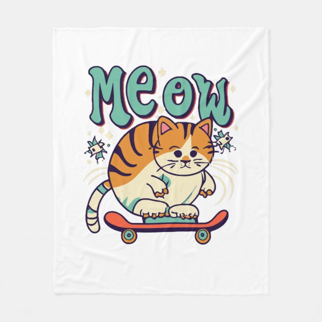 Cat Skating Meow Fleece Blanket (Front)