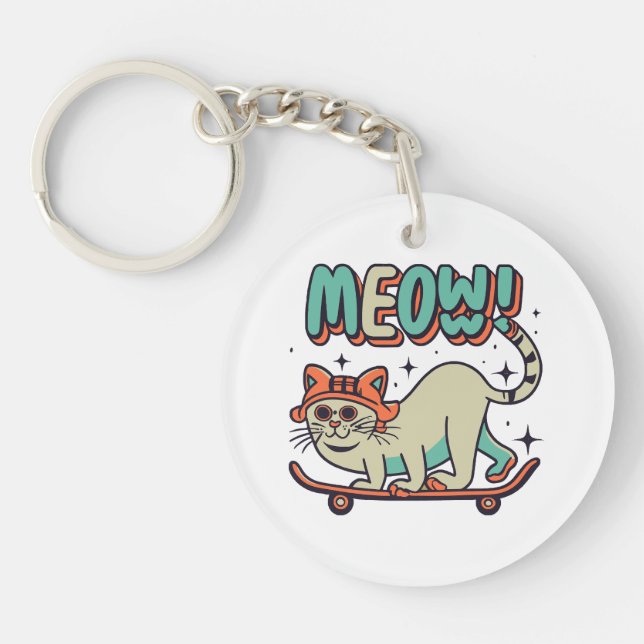 Cat Skating Meow Key Ring (Front)