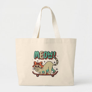 Cat Skating Meow Large Tote Bag