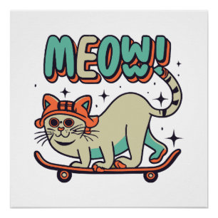 Cat Skating Meow Poster