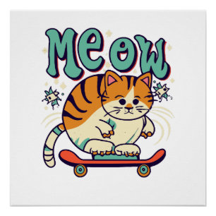 Cat Skating Meow Poster